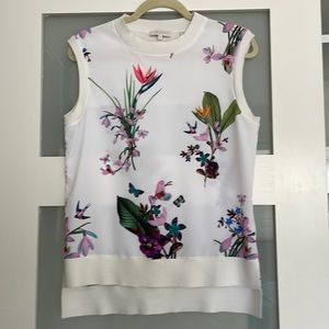 Ted Baker sleeveless crew neck tank.  White/floral polyester with rib trim. S 6